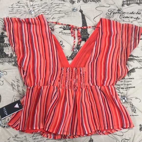 Guess Marrah Striped Flutter-Sleeve Top - Picture 7 of 7